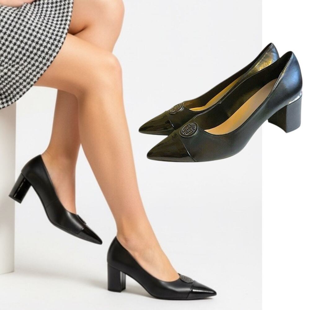Tommy Hilfiger Women's Neysa Black Patent Toe Metal Medallion Block Heels 9.5M